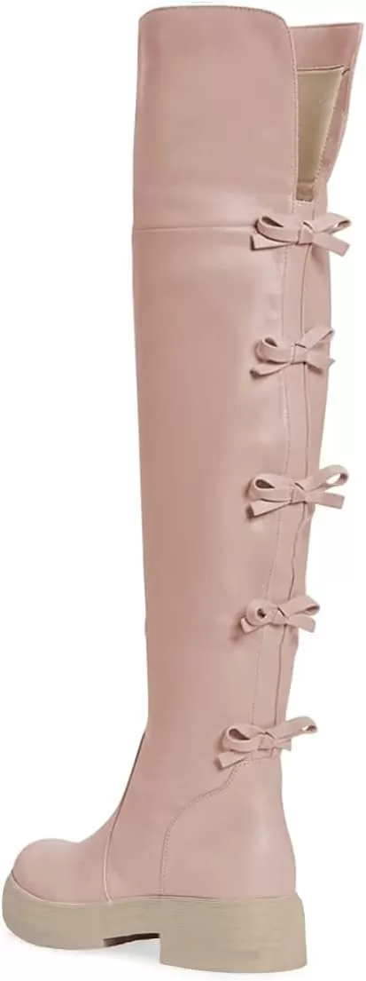 imageFSJ Women Over The Knee Boots Round Toe Side Zipper Low Block Heel Flat Long Booties Small Bow Decor Fashion Dress Thigh High Boots Size 415 USPink