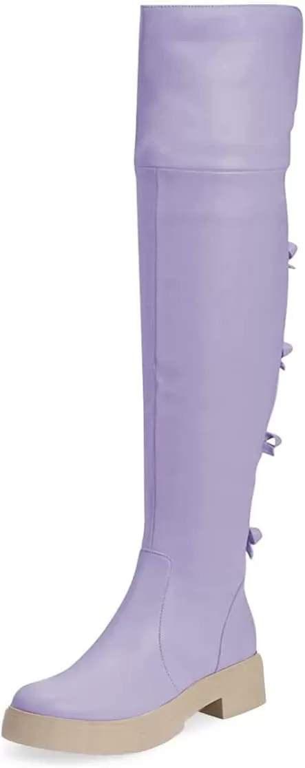 imageFSJ Women Over The Knee Boots Round Toe Side Zipper Low Block Heel Flat Long Booties Small Bow Decor Fashion Dress Thigh High Boots Size 415 USPurple
