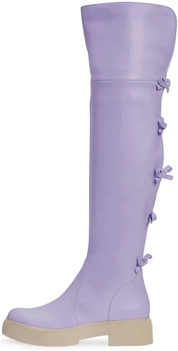 imageFSJ Women Over The Knee Boots Round Toe Side Zipper Low Block Heel Flat Long Booties Small Bow Decor Fashion Dress Thigh High Boots Size 415 USPurple