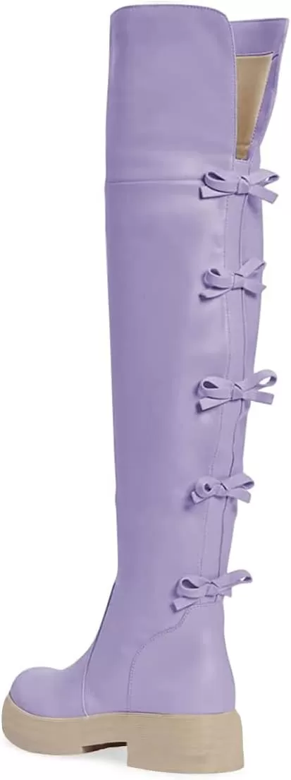 imageFSJ Women Over The Knee Boots Round Toe Side Zipper Low Block Heel Flat Long Booties Small Bow Decor Fashion Dress Thigh High Boots Size 415 USPurple
