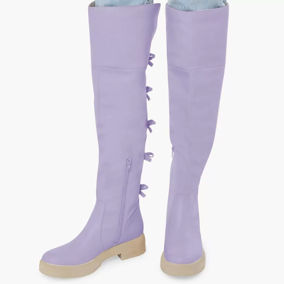 imageFSJ Women Over The Knee Boots Round Toe Side Zipper Low Block Heel Flat Long Booties Small Bow Decor Fashion Dress Thigh High Boots Size 415 USPurple