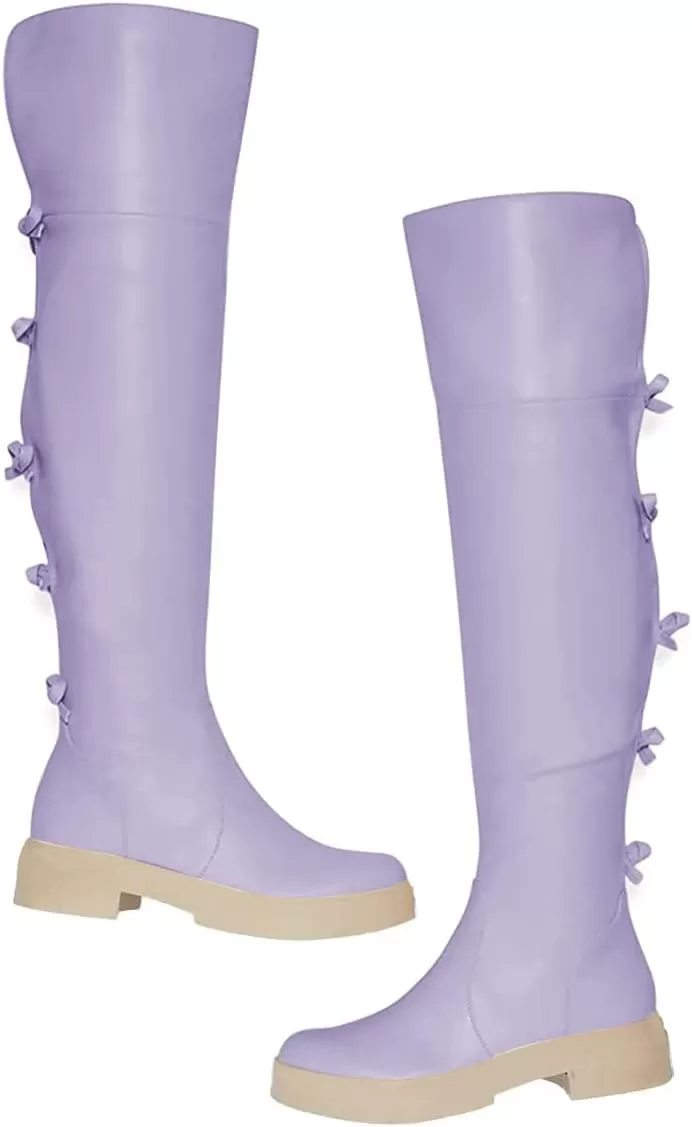 imageFSJ Women Over The Knee Boots Round Toe Side Zipper Low Block Heel Flat Long Booties Small Bow Decor Fashion Dress Thigh High Boots Size 415 USPurple