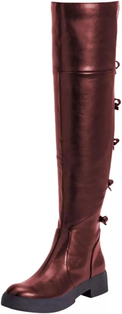 imageFSJ Women Over The Knee Boots Round Toe Side Zipper Low Block Heel Flat Long Booties Small Bow Decor Fashion Dress Thigh High Boots Size 415 USSorrel
