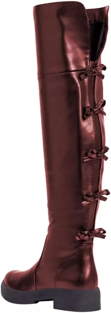 imageFSJ Women Over The Knee Boots Round Toe Side Zipper Low Block Heel Flat Long Booties Small Bow Decor Fashion Dress Thigh High Boots Size 415 USSorrel