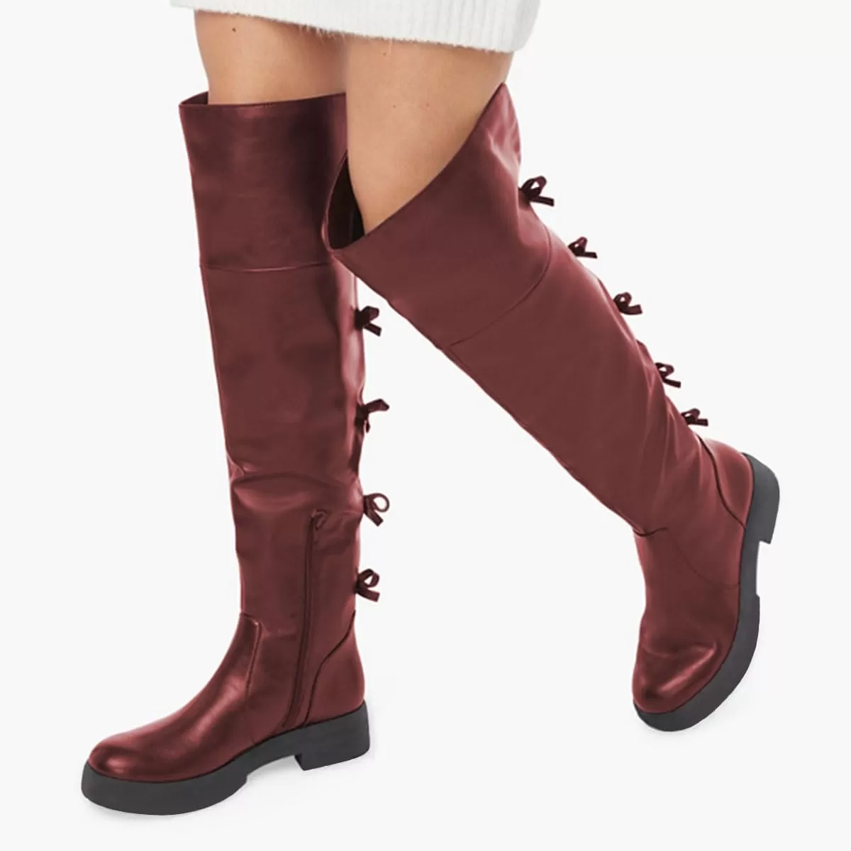 imageFSJ Women Over The Knee Boots Round Toe Side Zipper Low Block Heel Flat Long Booties Small Bow Decor Fashion Dress Thigh High Boots Size 415 USSorrel