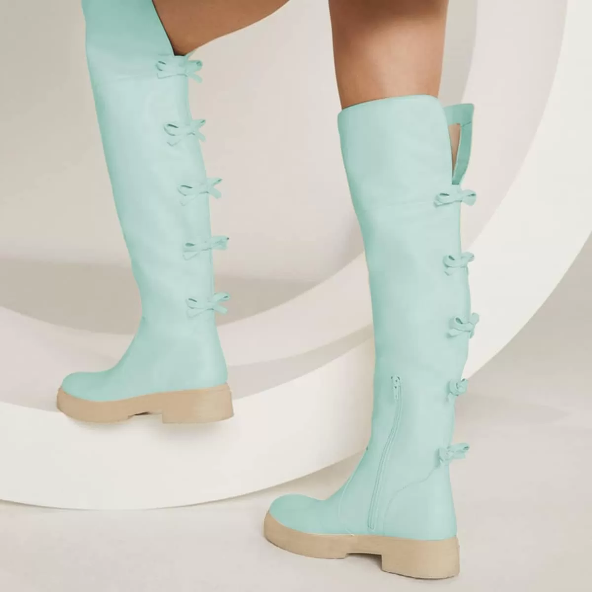 imageFSJ Women Over The Knee Boots Round Toe Side Zipper Low Block Heel Flat Long Booties Small Bow Decor Fashion Dress Thigh High Boots Size 415 USTurquoise