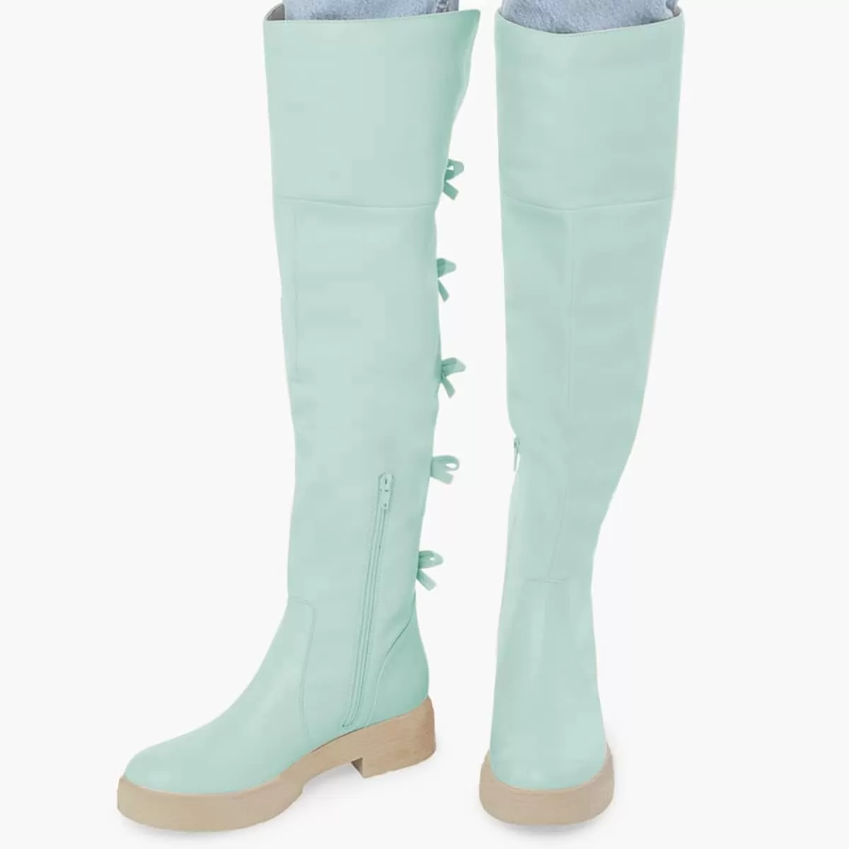 imageFSJ Women Over The Knee Boots Round Toe Side Zipper Low Block Heel Flat Long Booties Small Bow Decor Fashion Dress Thigh High Boots Size 415 USTurquoise