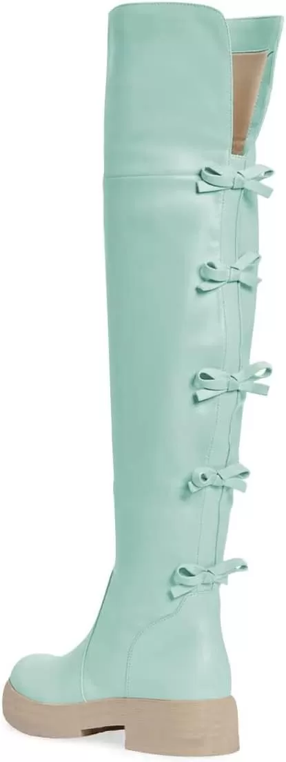 imageFSJ Women Over The Knee Boots Round Toe Side Zipper Low Block Heel Flat Long Booties Small Bow Decor Fashion Dress Thigh High Boots Size 415 USTurquoise