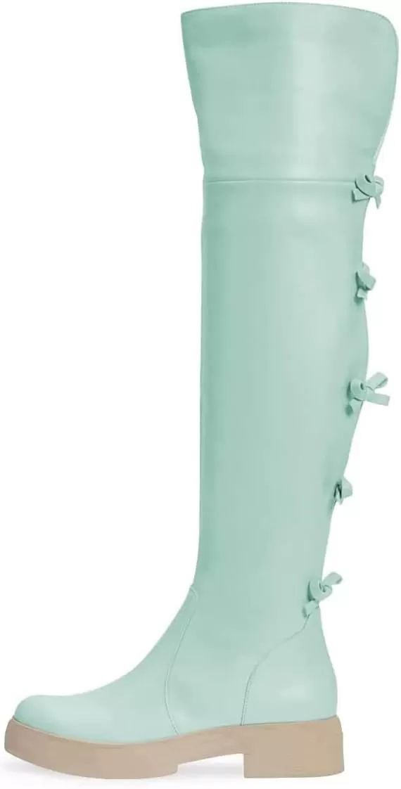 imageFSJ Women Over The Knee Boots Round Toe Side Zipper Low Block Heel Flat Long Booties Small Bow Decor Fashion Dress Thigh High Boots Size 415 USTurquoise