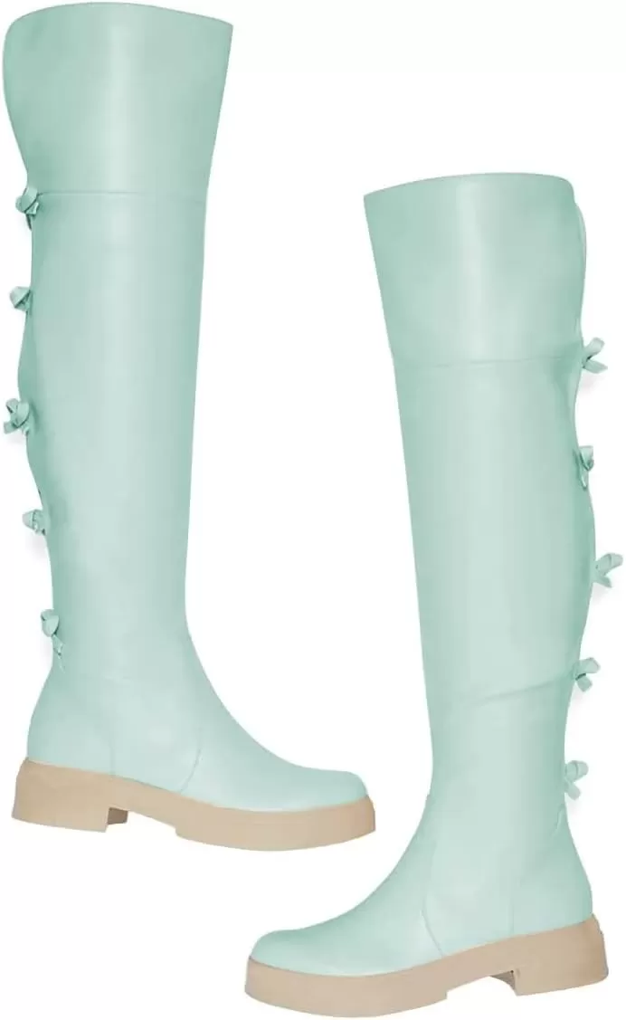 imageFSJ Women Over The Knee Boots Round Toe Side Zipper Low Block Heel Flat Long Booties Small Bow Decor Fashion Dress Thigh High Boots Size 415 USTurquoise