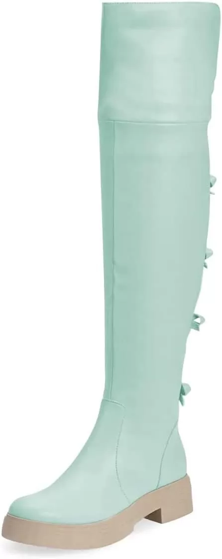 imageFSJ Women Over The Knee Boots Round Toe Side Zipper Low Block Heel Flat Long Booties Small Bow Decor Fashion Dress Thigh High Boots Size 415 USTurquoise