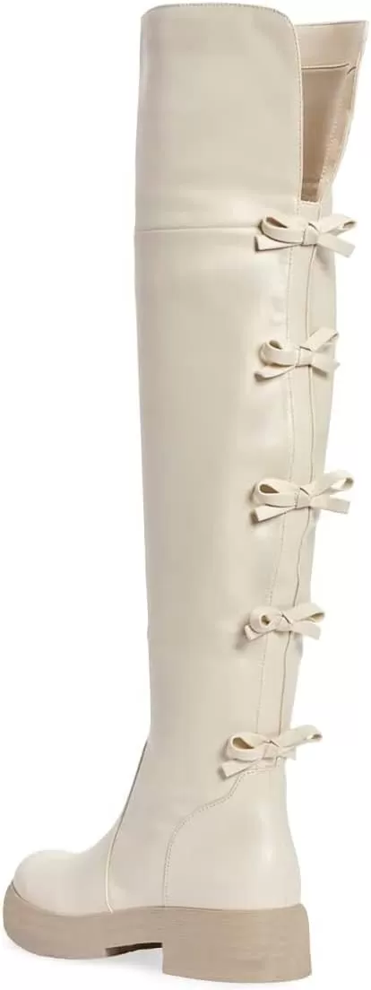 imageFSJ Women Over The Knee Boots Round Toe Side Zipper Low Block Heel Flat Long Booties Small Bow Decor Fashion Dress Thigh High Boots Size 415 USWhite