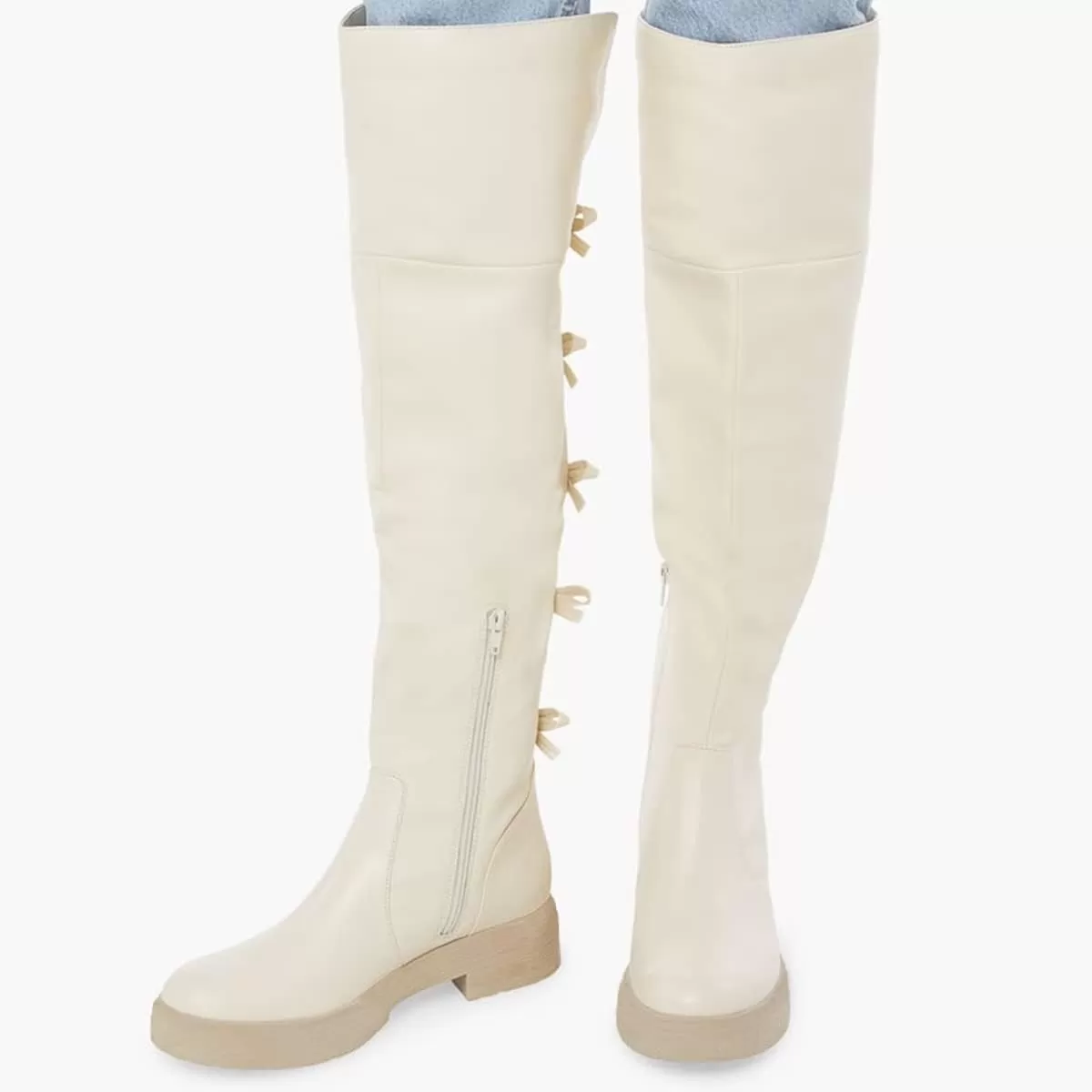 imageFSJ Women Over The Knee Boots Round Toe Side Zipper Low Block Heel Flat Long Booties Small Bow Decor Fashion Dress Thigh High Boots Size 415 USWhite