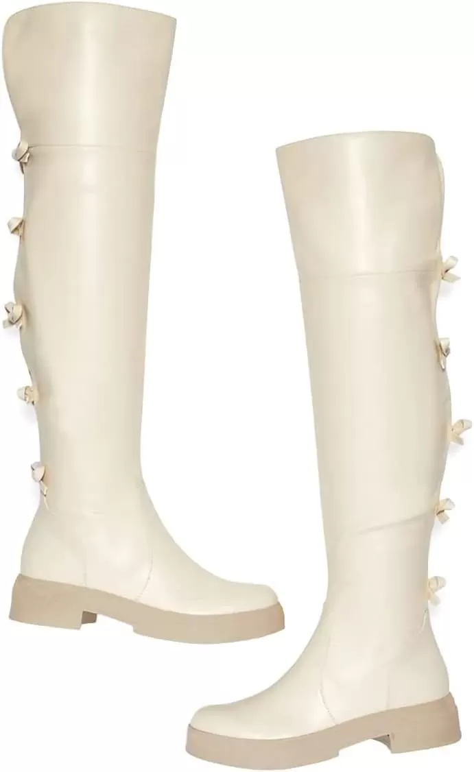 imageFSJ Women Over The Knee Boots Round Toe Side Zipper Low Block Heel Flat Long Booties Small Bow Decor Fashion Dress Thigh High Boots Size 415 USWhite