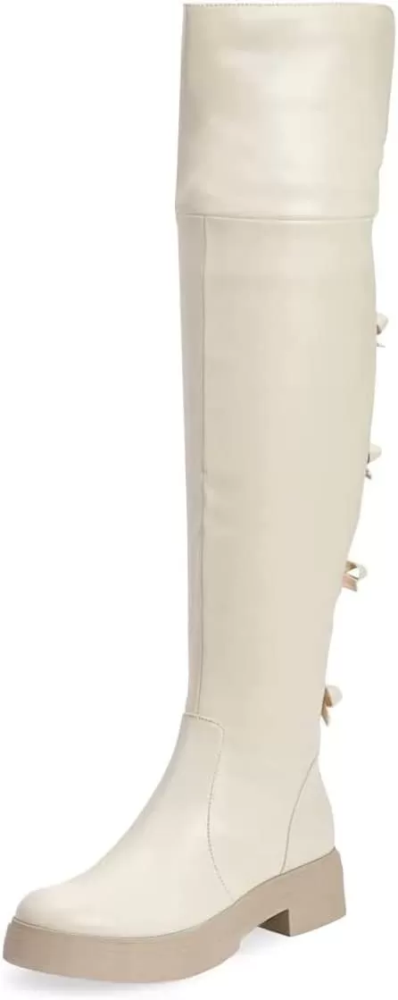 imageFSJ Women Over The Knee Boots Round Toe Side Zipper Low Block Heel Flat Long Booties Small Bow Decor Fashion Dress Thigh High Boots Size 415 USWhite