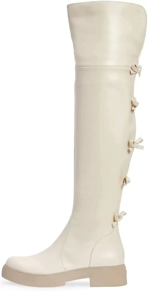 imageFSJ Women Over The Knee Boots Round Toe Side Zipper Low Block Heel Flat Long Booties Small Bow Decor Fashion Dress Thigh High Boots Size 415 USWhite