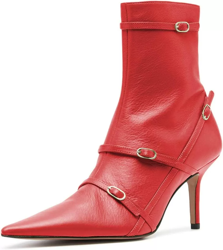 imageFSJ Women Pointed Toe Ankle Boots with Cross Buckle Straps Decoration Fashion Elegant Mid Low Heel Booties Ankle Wrap Zip Up Evening Party Dress Shoes Size 415 USRed