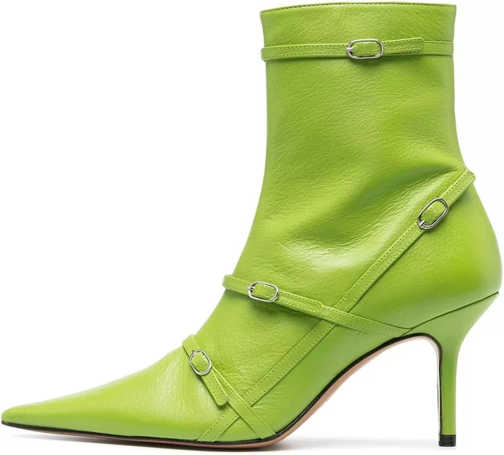 imageFSJ Women Pointed Toe Ankle Boots with Cross Buckle Straps Decoration Fashion Elegant Mid Low Heel Booties Ankle Wrap Zip Up Evening Party Dress Shoes Size 415 USGreen