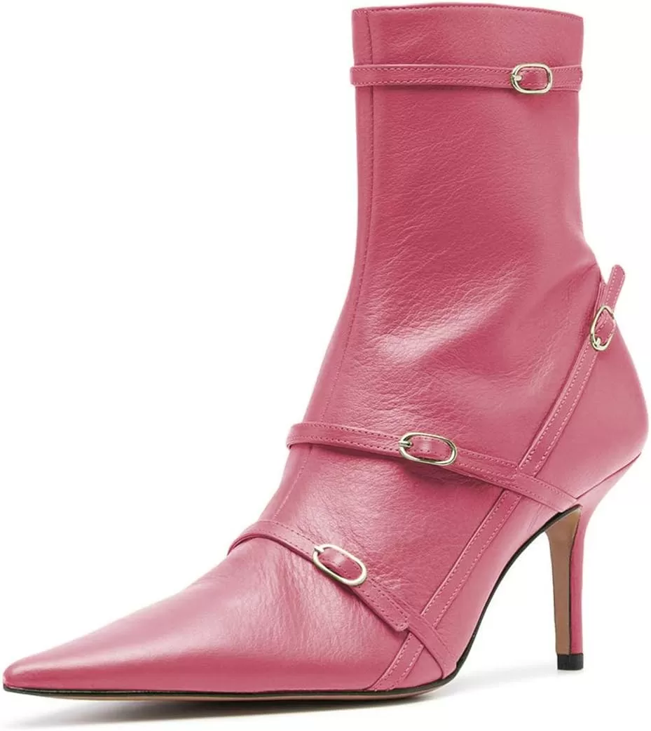 imageFSJ Women Pointed Toe Ankle Boots with Cross Buckle Straps Decoration Fashion Elegant Mid Low Heel Booties Ankle Wrap Zip Up Evening Party Dress Shoes Size 415 USPink