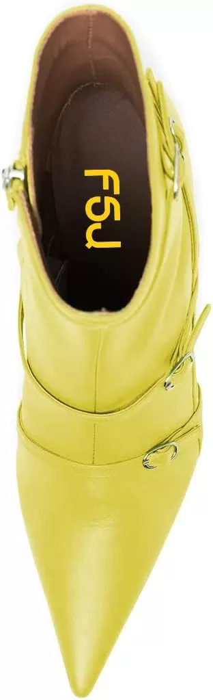 imageFSJ Women Pointed Toe Ankle Boots with Cross Buckle Straps Decoration Fashion Elegant Mid Low Heel Booties Ankle Wrap Zip Up Evening Party Dress Shoes Size 415 USLemon