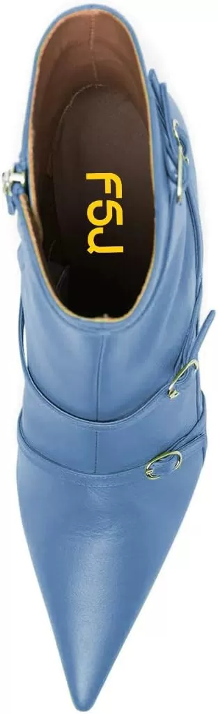 imageFSJ Women Pointed Toe Ankle Boots with Cross Buckle Straps Decoration Fashion Elegant Mid Low Heel Booties Ankle Wrap Zip Up Evening Party Dress Shoes Size 415 USBlue