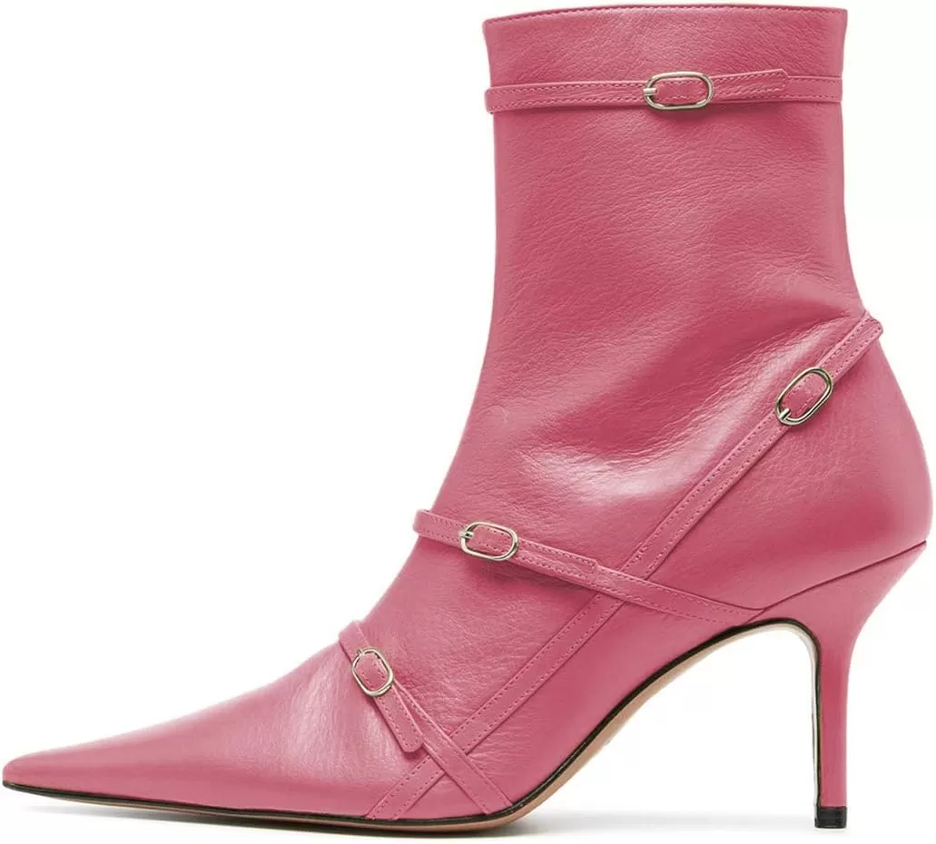 imageFSJ Women Pointed Toe Ankle Boots with Cross Buckle Straps Decoration Fashion Elegant Mid Low Heel Booties Ankle Wrap Zip Up Evening Party Dress Shoes Size 415 USPink