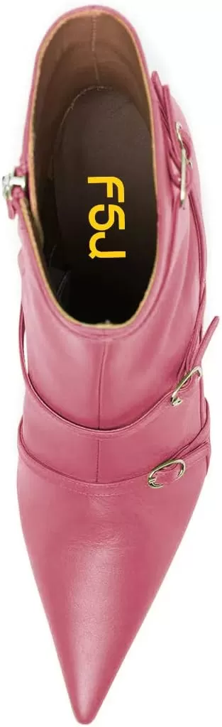 imageFSJ Women Pointed Toe Ankle Boots with Cross Buckle Straps Decoration Fashion Elegant Mid Low Heel Booties Ankle Wrap Zip Up Evening Party Dress Shoes Size 415 USPink