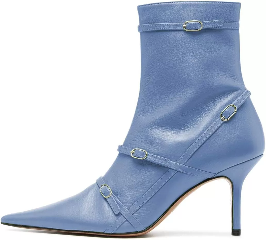 imageFSJ Women Pointed Toe Ankle Boots with Cross Buckle Straps Decoration Fashion Elegant Mid Low Heel Booties Ankle Wrap Zip Up Evening Party Dress Shoes Size 415 USBlue
