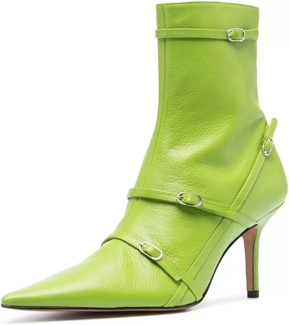 imageFSJ Women Pointed Toe Ankle Boots with Cross Buckle Straps Decoration Fashion Elegant Mid Low Heel Booties Ankle Wrap Zip Up Evening Party Dress Shoes Size 415 USGreen