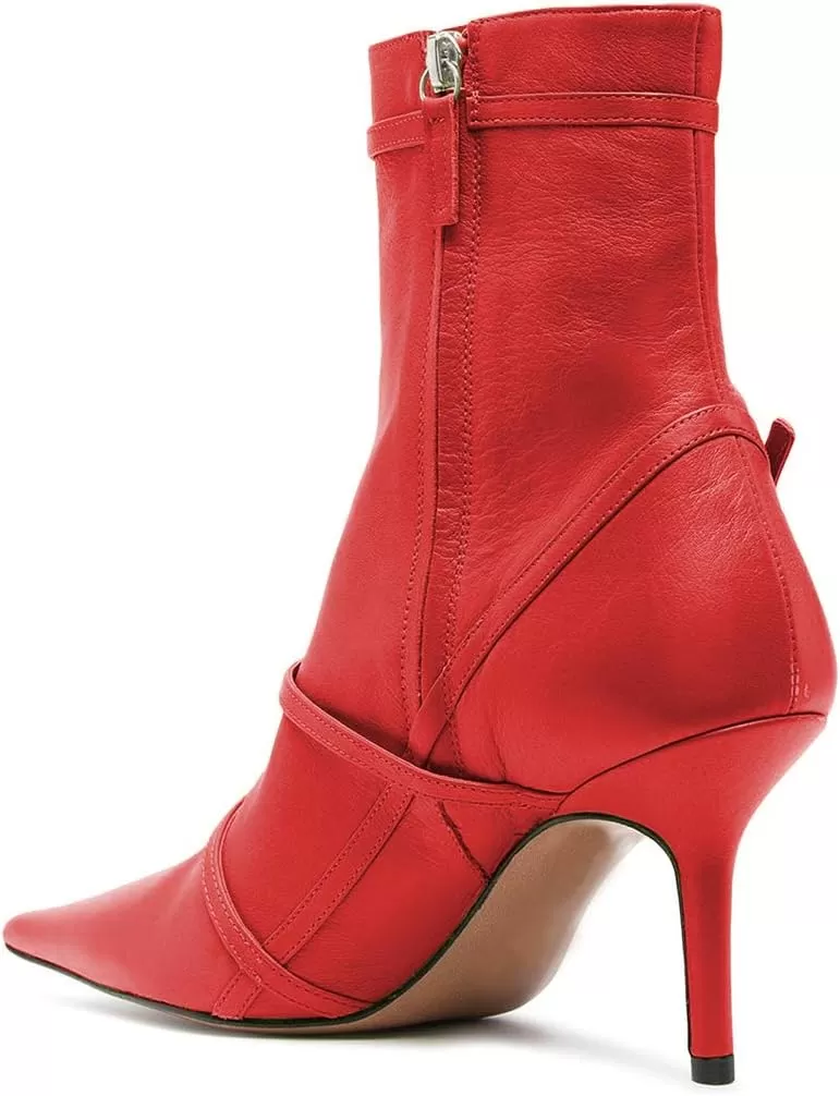 imageFSJ Women Pointed Toe Ankle Boots with Cross Buckle Straps Decoration Fashion Elegant Mid Low Heel Booties Ankle Wrap Zip Up Evening Party Dress Shoes Size 415 USRed
