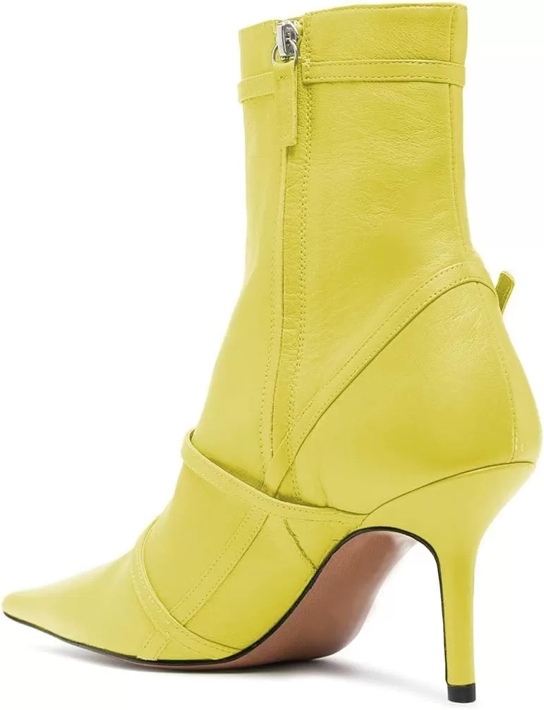 imageFSJ Women Pointed Toe Ankle Boots with Cross Buckle Straps Decoration Fashion Elegant Mid Low Heel Booties Ankle Wrap Zip Up Evening Party Dress Shoes Size 415 USLemon