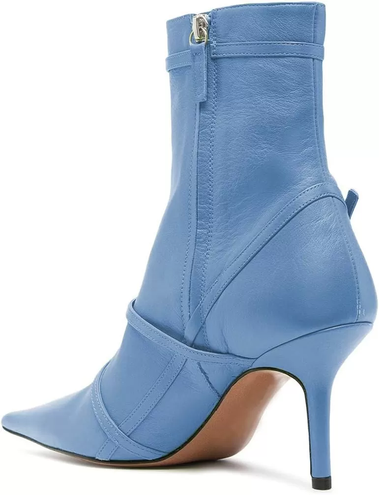 imageFSJ Women Pointed Toe Ankle Boots with Cross Buckle Straps Decoration Fashion Elegant Mid Low Heel Booties Ankle Wrap Zip Up Evening Party Dress Shoes Size 415 USBlue