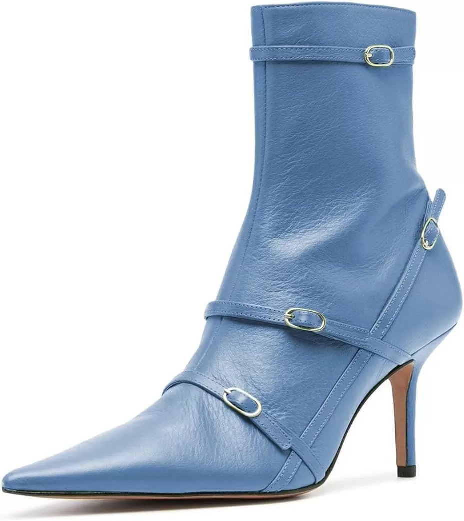 imageFSJ Women Pointed Toe Ankle Boots with Cross Buckle Straps Decoration Fashion Elegant Mid Low Heel Booties Ankle Wrap Zip Up Evening Party Dress Shoes Size 415 USBlue