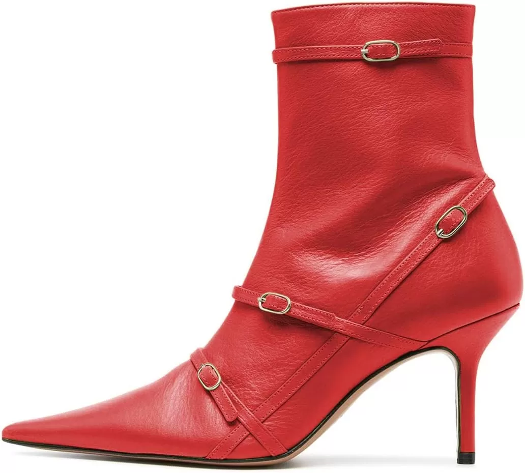 imageFSJ Women Pointed Toe Ankle Boots with Cross Buckle Straps Decoration Fashion Elegant Mid Low Heel Booties Ankle Wrap Zip Up Evening Party Dress Shoes Size 415 USRed