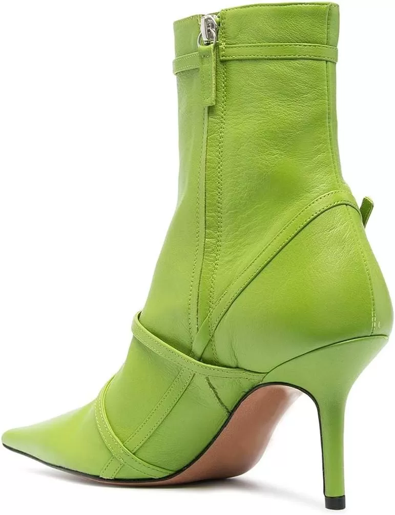 imageFSJ Women Pointed Toe Ankle Boots with Cross Buckle Straps Decoration Fashion Elegant Mid Low Heel Booties Ankle Wrap Zip Up Evening Party Dress Shoes Size 415 USGreen