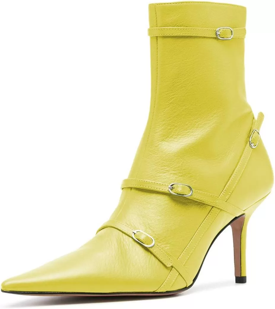 imageFSJ Women Pointed Toe Ankle Boots with Cross Buckle Straps Decoration Fashion Elegant Mid Low Heel Booties Ankle Wrap Zip Up Evening Party Dress Shoes Size 415 USLemon