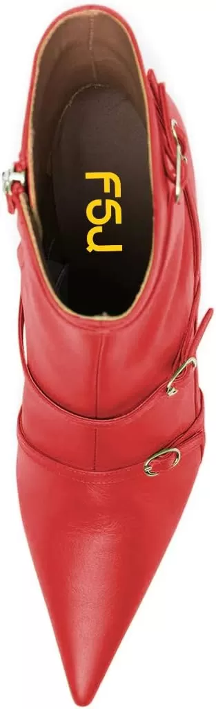 imageFSJ Women Pointed Toe Ankle Boots with Cross Buckle Straps Decoration Fashion Elegant Mid Low Heel Booties Ankle Wrap Zip Up Evening Party Dress Shoes Size 415 USRed