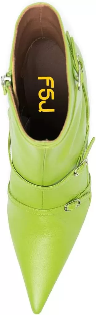 imageFSJ Women Pointed Toe Ankle Boots with Cross Buckle Straps Decoration Fashion Elegant Mid Low Heel Booties Ankle Wrap Zip Up Evening Party Dress Shoes Size 415 USGreen
