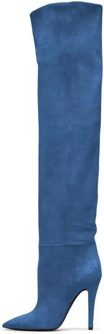 imageFSJ Women Sexy Thigh High Long Boots Over The Knee Cone High Heels Stretch Winter Dress Shoes SizeBlue