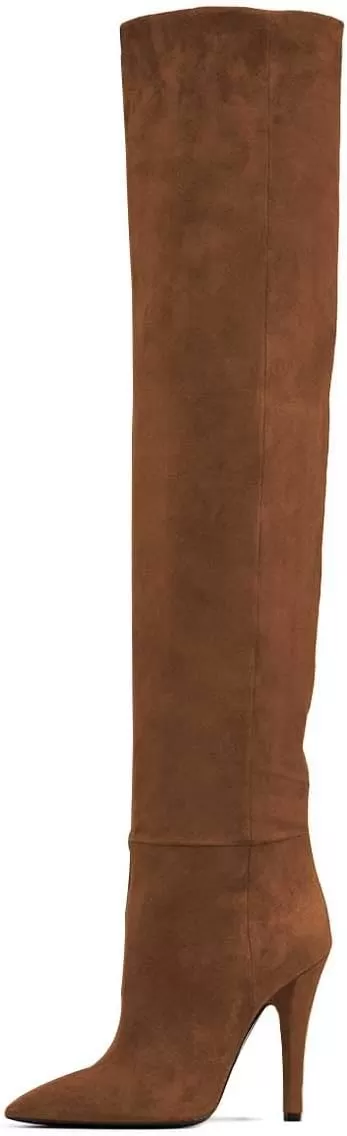 imageFSJ Women Sexy Thigh High Long Boots Over The Knee Cone High Heels Stretch Winter Dress Shoes SizeBrown
