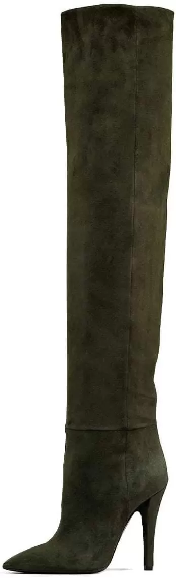 imageFSJ Women Sexy Thigh High Long Boots Over The Knee Cone High Heels Stretch Winter Dress Shoes SizeOlive