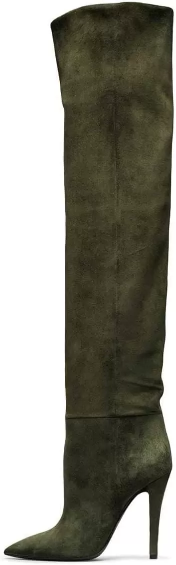 imageFSJ Women Sexy Thigh High Long Boots Over The Knee Cone High Heels Stretch Winter Dress Shoes SizeOlive