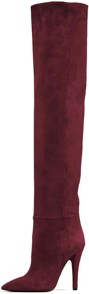 imageFSJ Women Sexy Thigh High Long Boots Over The Knee Cone High Heels Stretch Winter Dress Shoes SizeWine