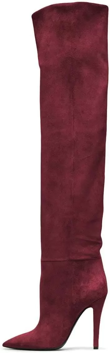 imageFSJ Women Sexy Thigh High Long Boots Over The Knee Cone High Heels Stretch Winter Dress Shoes SizeWine