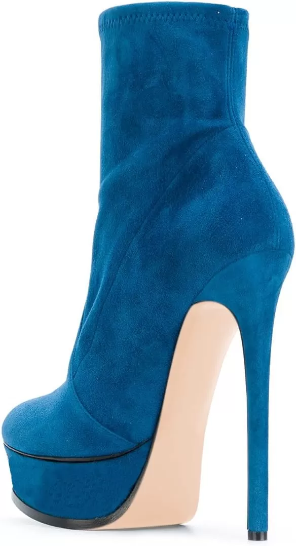imageFSJ Women Stylish ankle Boots Thin High Heel Platform Pointed Toe Suede Party Office Daily Shoes Size 415 USBlue