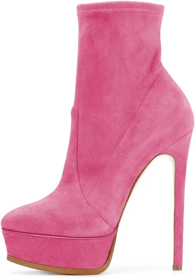 imageFSJ Women Stylish ankle Boots Thin High Heel Platform Pointed Toe Suede Party Office Daily Shoes Size 415 USHot Pink