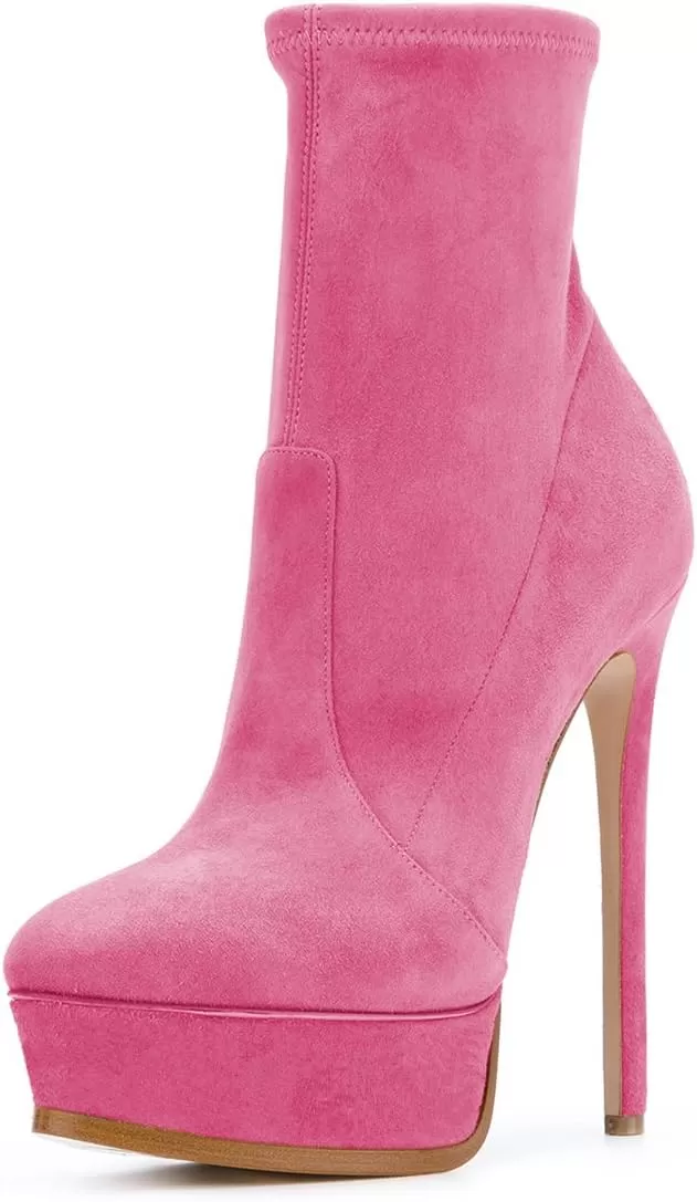 imageFSJ Women Stylish ankle Boots Thin High Heel Platform Pointed Toe Suede Party Office Daily Shoes Size 415 USHot Pink