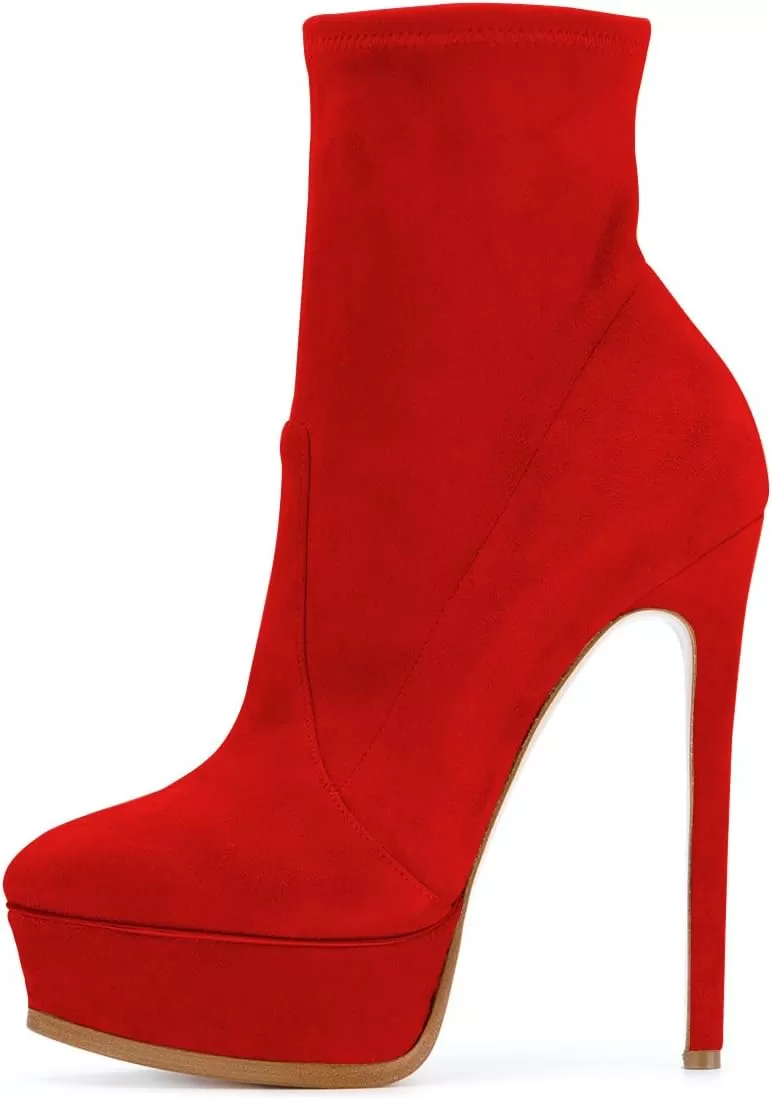 imageFSJ Women Stylish ankle Boots Thin High Heel Platform Pointed Toe Suede Party Office Daily Shoes Size 415 USRed