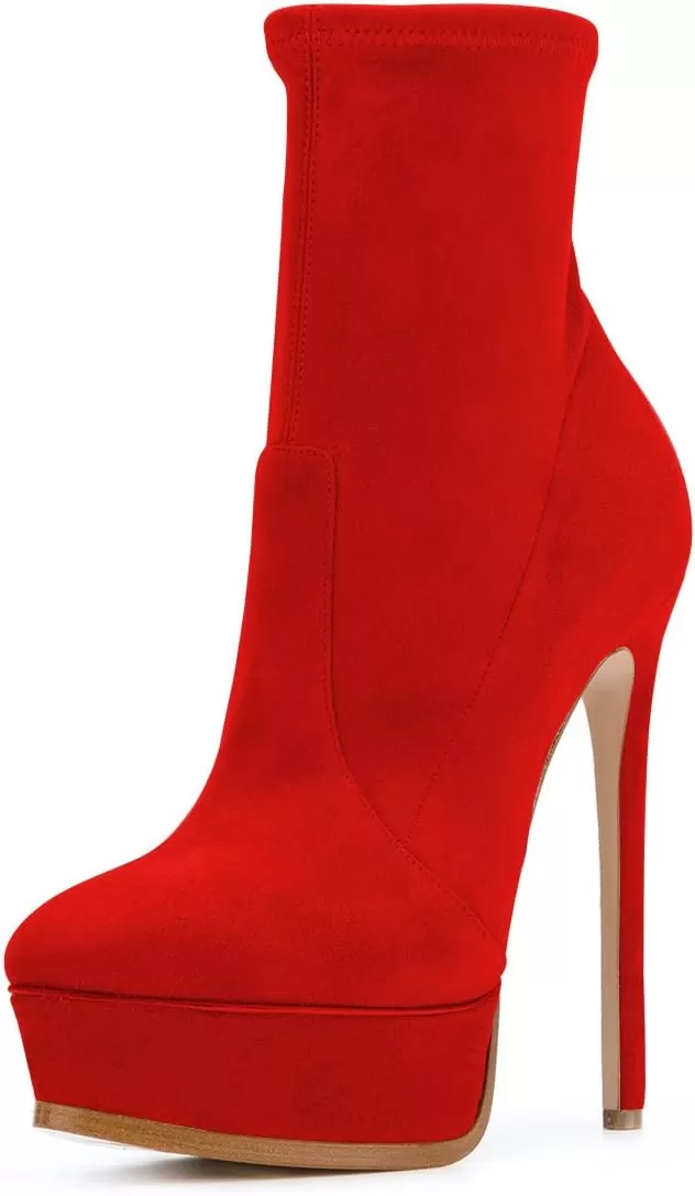 imageFSJ Women Stylish ankle Boots Thin High Heel Platform Pointed Toe Suede Party Office Daily Shoes Size 415 USRed