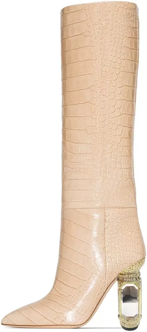 imageFSJ Women Trendy Studded Knee High Stretch Long Boots Pointed Toe Crystal Block Chunky Heel Comfort Winter Warm Faux Suede Pull On Shoes Size 415 USApricot